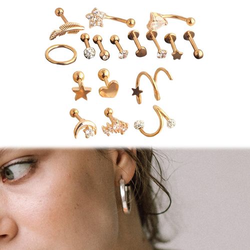 17x Stainless Steel Earrings Set for Women Grils Conch HELIX Rose Gold