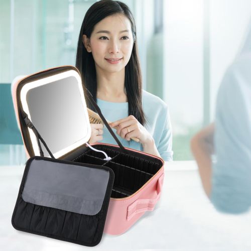 Travel Makeup Train Case With Mirror And Lights Pink
