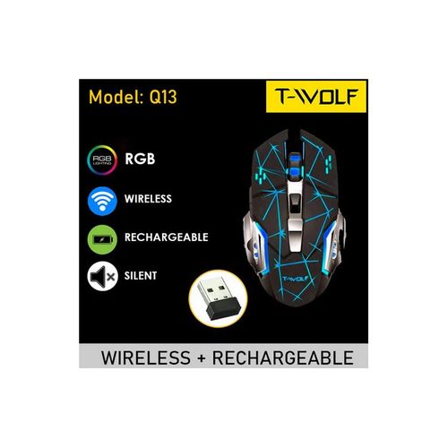 T-WOLF Q13 Rechargeable Wireless Mouse Silent Ergonomic Wireless Rechargeable RGB Gaming Mouse - TWolf Q13 Star Black Mouse With RGB Lighting - Offers Adjustable DPI For Precision Gaming