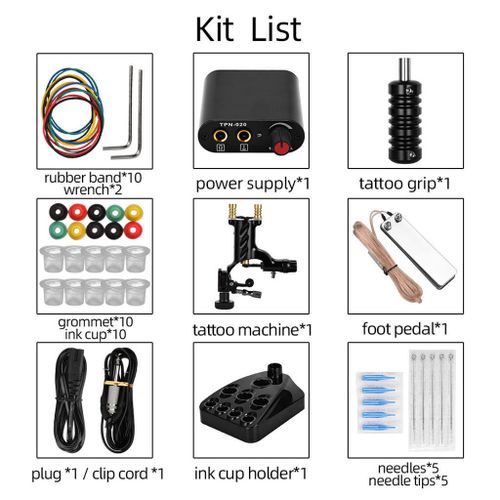 Powerful Silent Tattoo Machine Clip Cord Ink Caps Cups Holder Black