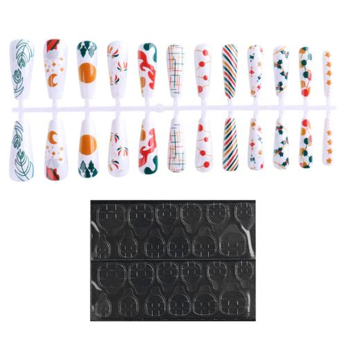 24x Fake Nails with Double-Sided Adhesive Tapes Artificial White theme