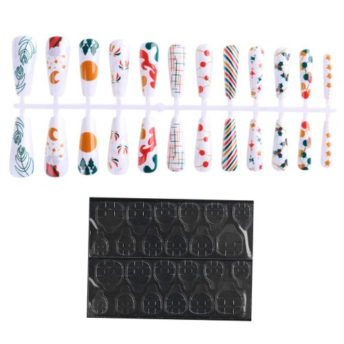 24x Fake Nails with Double-Sided Adhesive Tapes Artificial White theme