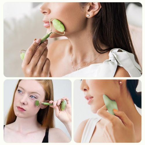 Natural Jade Stone Roller and Gua Sha Face Massager Kit Body Neck A
