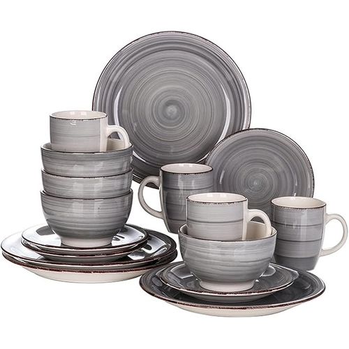 Sundabest 16-Piece Grey Glossy Stoneware Dinner Set, 4 Large Dinner Plates,4 Bowls, 4side Plates & 4 Cups