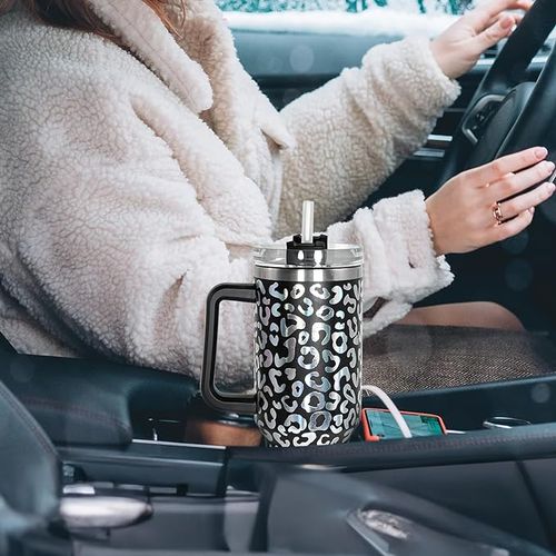 40oz Leopard Tumbler Handle Straw Car Mug For Sports Travel