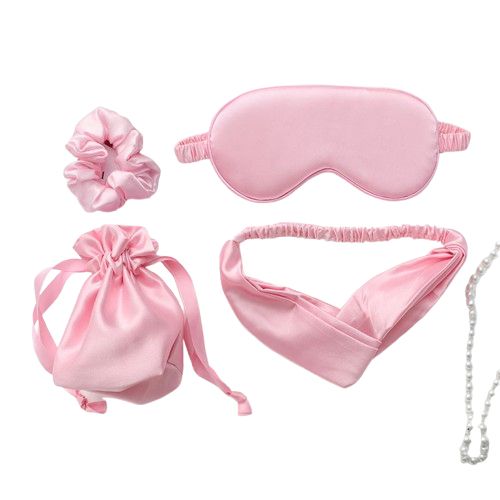 4Pcs Artificial Silk Headband Sleep Masks Pouches Set Night Blindfold Blackout Hair Ties Bands for Women and Girls