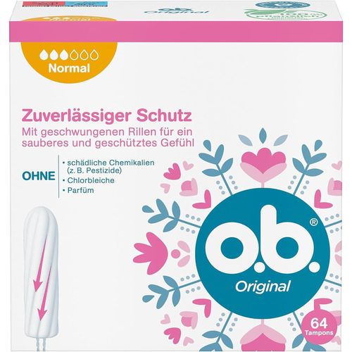 o.b. Original Normal Tampons For Medium/Stronger Days, Staydry Technology & Curved Grooves, 64 Tampons
