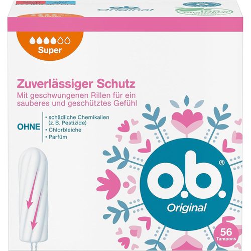 o.b. Original Super Tampons For Heavy Days With Staydry Technology And Curved Grooves, 56 Tampons