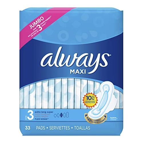 Always Extra Long Super Absorbency Maxi Pads With Wings For Women, Size 3, 33 Count