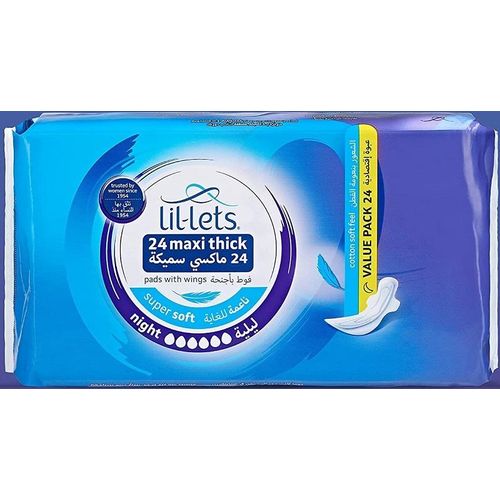 Lil Lets Maxi Thick Period Pads With Wings For Very Heavy/Extra Heavy Overnight Flow Unscented Super Soft Cover, 24 Pads