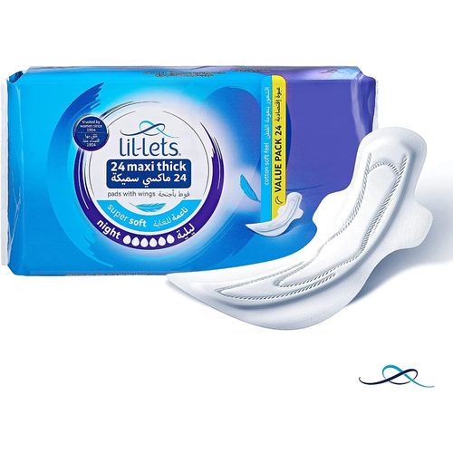 Lil Lets Maxi Thick Period Pads With Wings For Very Heavy/Extra Heavy Overnight Flow Unscented Super Soft Cover, 24 Pads