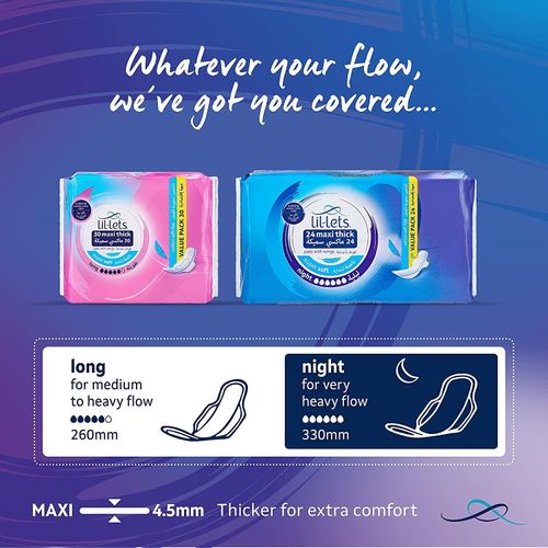 Lil Lets Maxi Thick Period Pads With Wings For Very Heavy/Extra Heavy Overnight Flow Unscented Super Soft Cover, 24 Pads