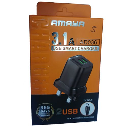 AD036 Type-C Smart Charger With Two USB Ports- Black, White