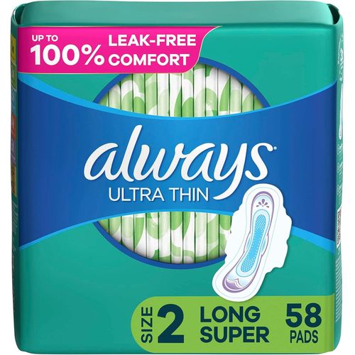 Always Ultra-Thin Feminine Pads, Size 2 Long Super Absorbency, With Wings, Unscented, 58 Count