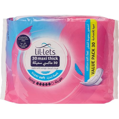 Lil Lets Maxi Thick Period Pads Long Absorbency With Wings - For Medium To Heavy Flow, 30 Pads