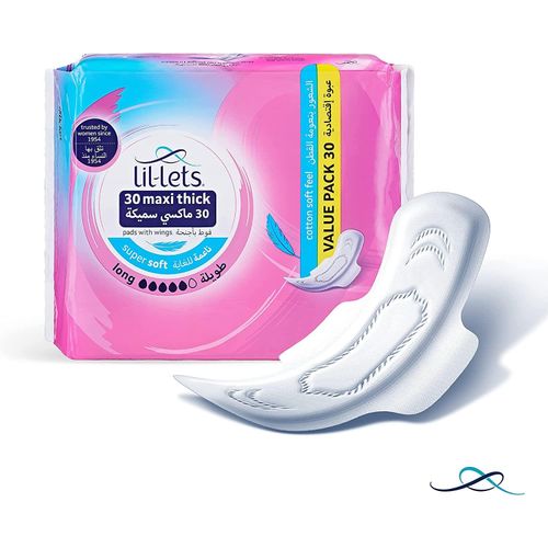 Lil Lets Maxi Thick Period Pads Long Absorbency With Wings - For Medium To Heavy Flow, 30 Pads