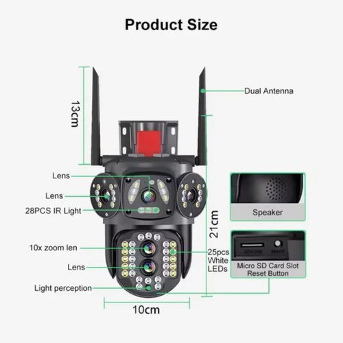Hd CCTV Camera Outdoor Wireless 1080P Dual Lens 4G Connect to Cellphone Security Camera- Black