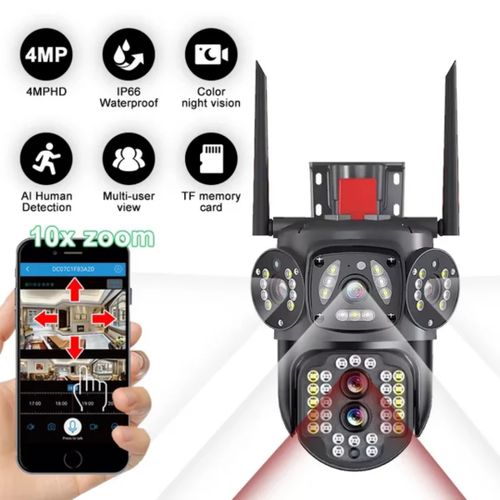 Hd CCTV Camera Outdoor Wireless 1080P Dual Lens 4G Connect to Cellphone Security Camera- Black