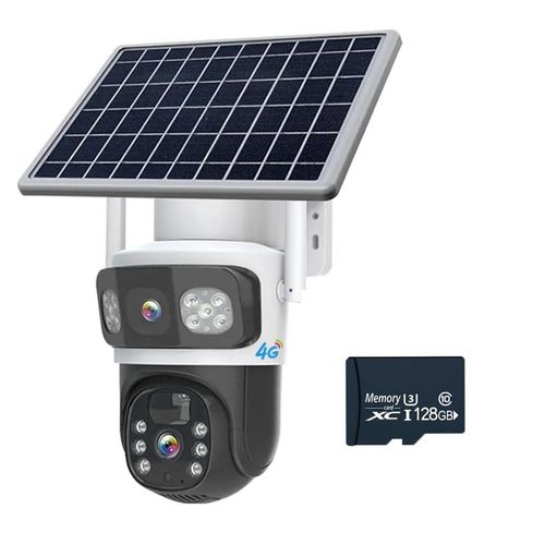 Solar-Powered Dual Lens 4G Security Surveillance Camera- 4MP PTZ Camera-128GB Free Memory Card-White