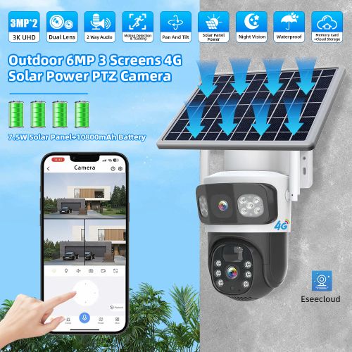 Solar-Powered Dual Lens 4G Security Surveillance Camera- 4MP PTZ Camera-128GB Free Memory Card-White