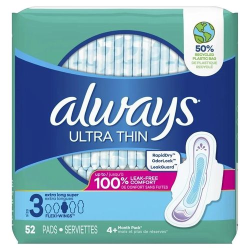 Always Ultra-Thin Pads For Women, Size 3, Extra Long Super Absorbency With Wings, 52 Count