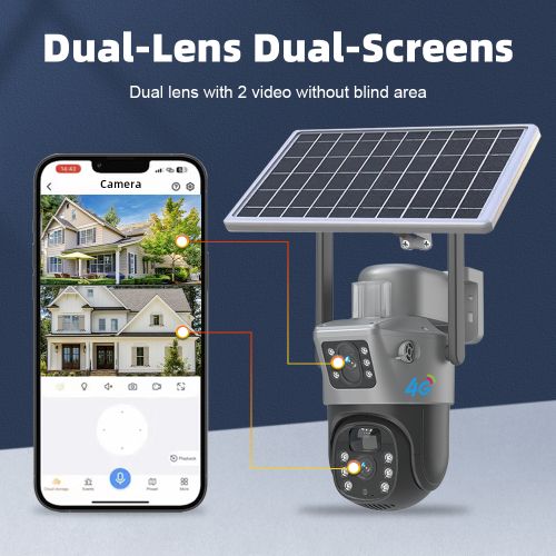Solar-Powered Dual Lens Security Camera 4MP- CCTV Camera- Gray