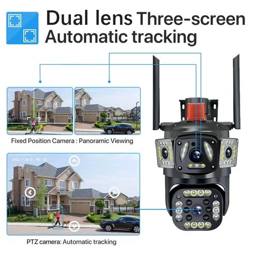 Hd CCTV Camera Outdoor Wireless 1080P Dual Lens 4G Connect to Cellphone Security Camera With Memory Card- Black