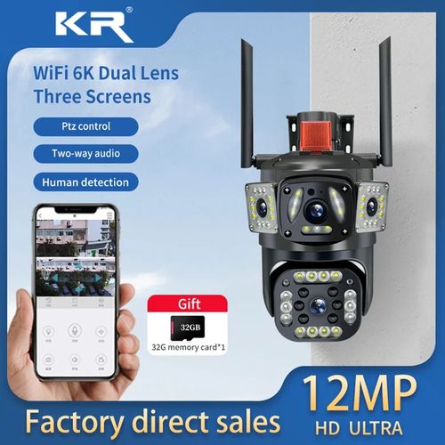 Hd CCTV Camera Outdoor Wireless 1080P Dual Lens Wifi/4G Connect To Cellphone Security Camera- Black