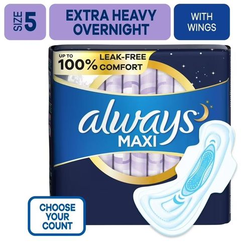 Always Maxi Overnight Pads With Flexi-Wings, Extra Heavy Unscented, Size 5 (24 ct)
