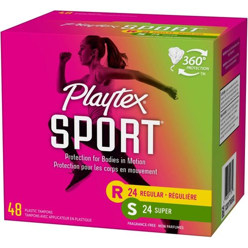 Playtex Sport Tampons, Multipack (24ct Regular/24ct Super Absorbency), Fragrance-Free - 48ct