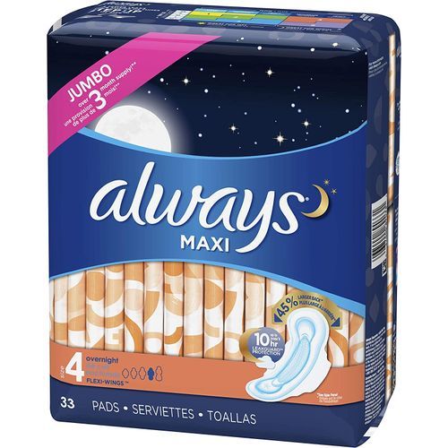 Always Maxi Overnight Pads With Wings Unscented, Size 4, 33 pieces each (US)
