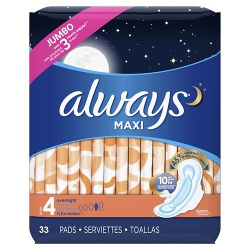 Always Maxi Overnight Pads With Wings Unscented, Size 4, 33 pieces each (US)