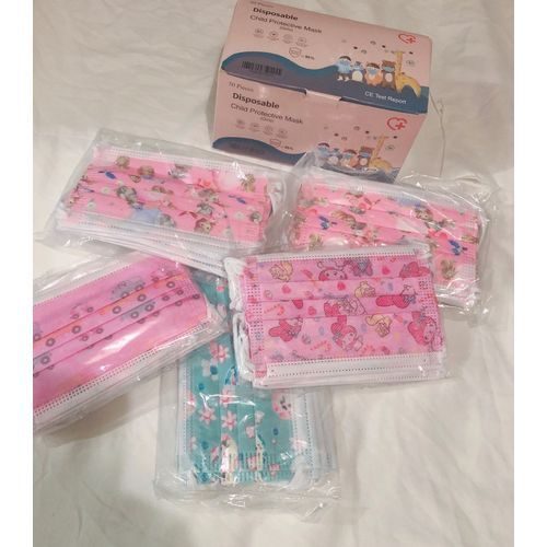 Unbranded Kid's Assorted Girls Character & Durable Disposable  Mask - Pink/Green/Blue-50pcs