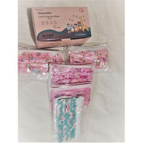 Unbranded Kid's Assorted Girls Character & Durable Disposable  Mask - Pink/Green/Blue-50pcs