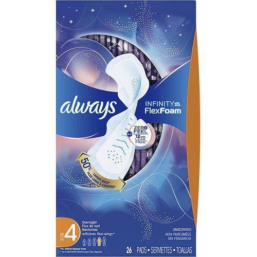 Always Infinity Feminine Pads For Women, Overnight Absorbency, With Wings, Size 4, 26 Count
