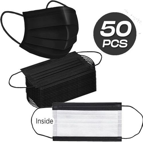 Mask 3 Layer Disposable Protective Face Masks With White Inside Part 50pcs - Black/ White