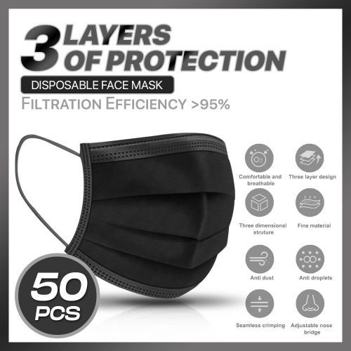 Mask 3 Layer Disposable Protective Face Masks With White Inside Part 50pcs - Black/ White