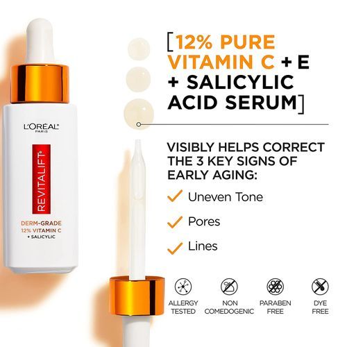 L'Oreal Revitalift 12% Pure Vitamin C Serum, Vitamin E, Salicylic Acid, Moisturizing, Smoothing & Brightening, 30ml