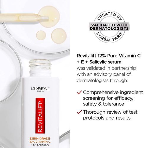 L'Oreal Revitalift 12% Pure Vitamin C Serum, Vitamin E, Salicylic Acid, Moisturizing, Smoothing & Brightening, 30ml