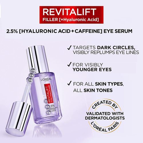 L'Oreal Revitalift 2.5% Hyaluronic Acid & Caffeine Filler Eye Serum, Replumps, Brightens & De-Puffs Eyes – 20ml