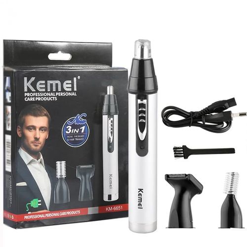 Kemei 3 In1 Electric Nose Ear Trimmer For Men Rechargeable Shaver Hair Removal Eyebrow Trimer Face Shaving Machine Men's Shaving Machine- Silver.