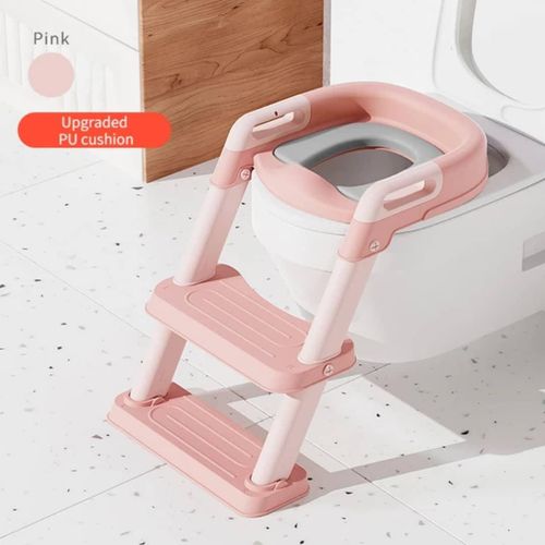 Baby Toddler Toilet Seat with Step Stool Foldable Potty Training Toilet Seat for Kids Boys Girls with Detachable Padded Cushion Potty Training Seat with Foldable Ladder Adjustable Footrest