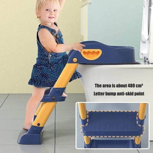 Baby Toddler Toilet Seat with Step Stool Foldable Potty Training Toilet Seat for Kids Boys Girls with Detachable Padded Cushion Potty Training Seat with Foldable Ladder Adjustable Footrest