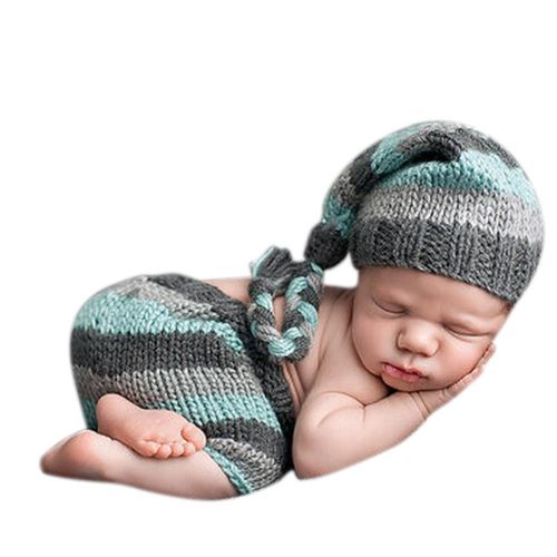 Newborn Baby Crochet Knit Striped Photography Outfits Sets with Long Tail Hat Long Pants,Default NO5245