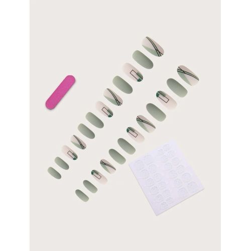 A Set Of 24 Pcs Artificial Nails, 1 Sheet Tape & 1 Pc Nail File - Green