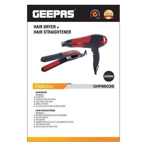 Geepas 2 In 1 Hair Dryer&StraightenerCombo/Ceramic, Red,