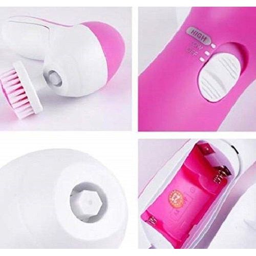 5 in 1 Deep Cleansing Facial Skin Electric Facial Cleanser Treatment Brush Massager Scrubber for Pimples Blackheads and Dead Skin PINK