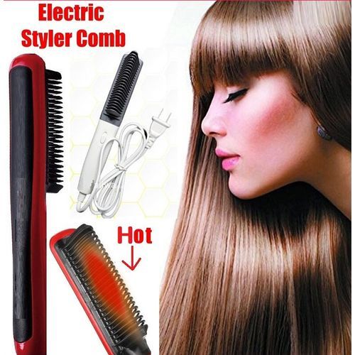 Professional Electric Hair Straightener And Brush, - Red