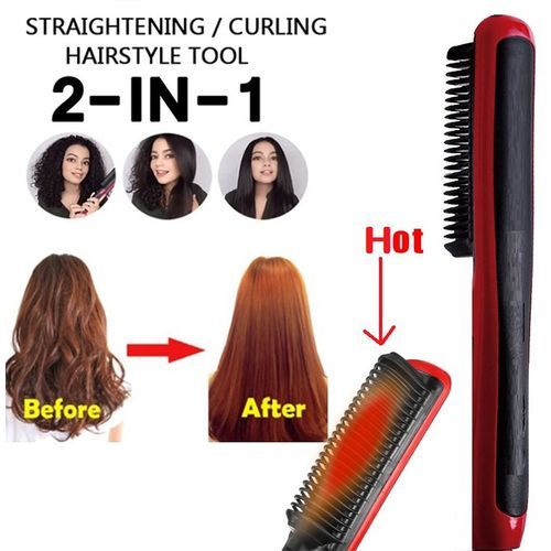 Professional Electric Hair Straightener And Brush, - Red