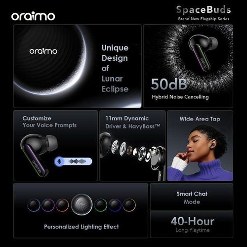 OTW 630 SpaceBuds Hybrid ANC TWS True Wireless Earbuds Customized Voice Prompt- Black